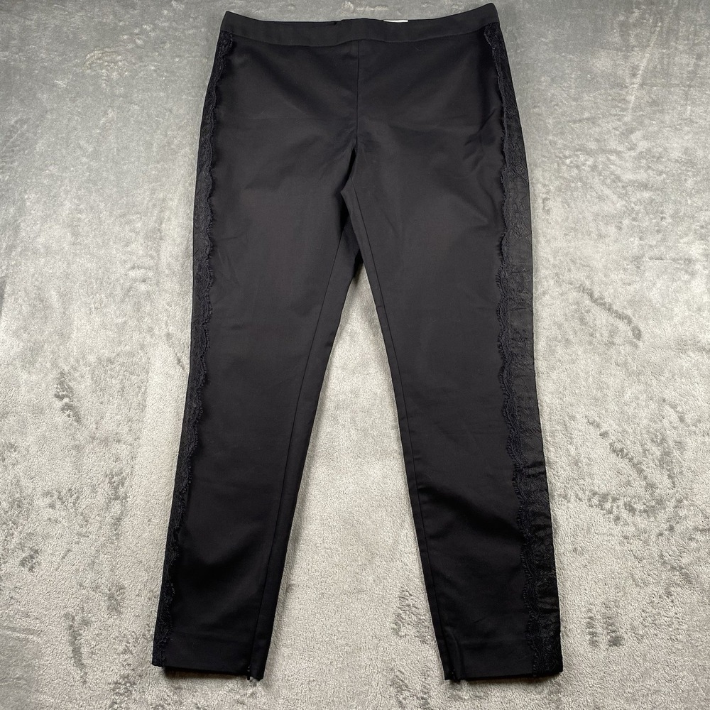 REISS Pants Womens Sz 10 Black‎ Ankle Zip Slim Trouser Lace Side Tuxedo Stripe